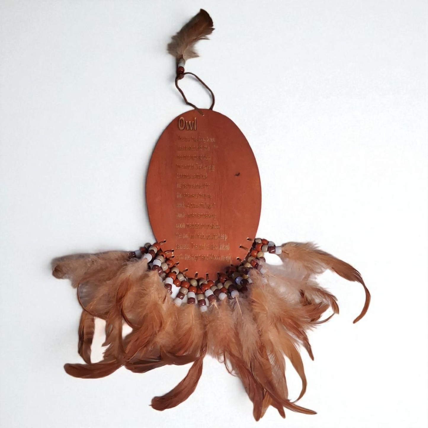 Engraved Wooden Owl Wall Hanging – 12" x 6" Feather and Bead Décor with Spirit Animal Meaning