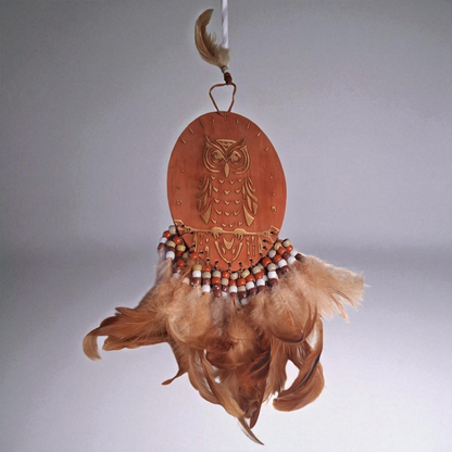 Engraved Wooden Owl Wall Hanging – 12" x 6" Feather and Bead Décor with Spirit Animal Meaning