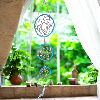 Triple Dream Catcher Wall Hanging – 18x5 Blue/Tan Boho Feather Decor for Peaceful Energy & Protection