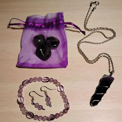 Amethyst Crystal Healing Jewelry Gift Set – Wire Wrapped Pendant, Bracelet, Earrings & Tumbled Stones