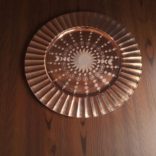 Engraved Copper Plate – 12" Decorative Tray with Sun & Moon Phase Mandala Design