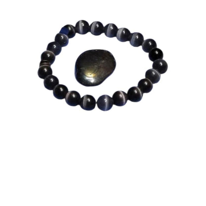 Cat’s Eye Black Glass Bracelet with Hematite Tumbled Stone – Protection, Focus & Grounding Set