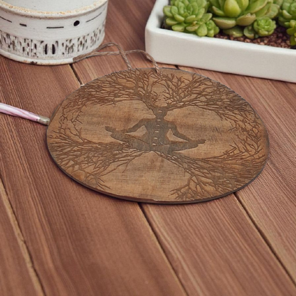 Engraved Wooden Wall Hanging – 6" Tree of Life Meditating Figure Design | Spiritual Home & Altar Décor