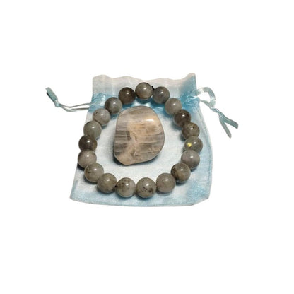 Labradorite Protection Bracelet with Moonstone Tumbled Crystal – Intuition & Transformation Set