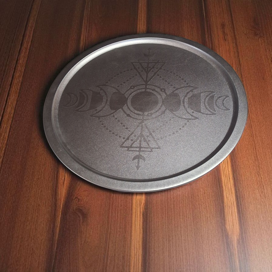 Engraved Silver Tray – 12" Round Decorative Moon Phase & Geometric Altar Plate