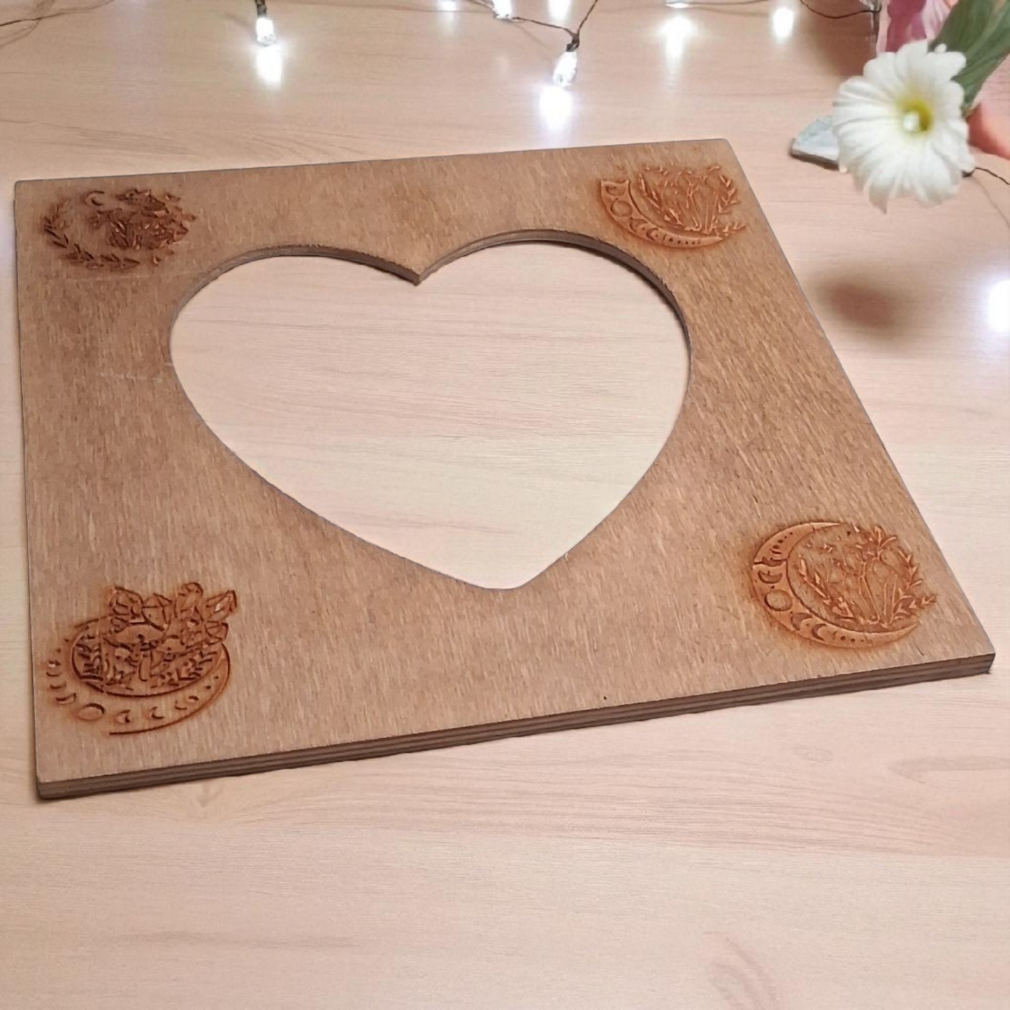 Engraved Wooden Heart Picture Frame – Moon Phase & Botanical Design – 7x7 Boho Spiritual Home Decor
