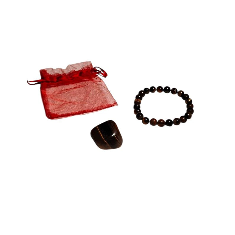 Tiger’s Eye Crystal Bracelet with Tumbled Stone – Courage, Confidence & Protection Energy Set