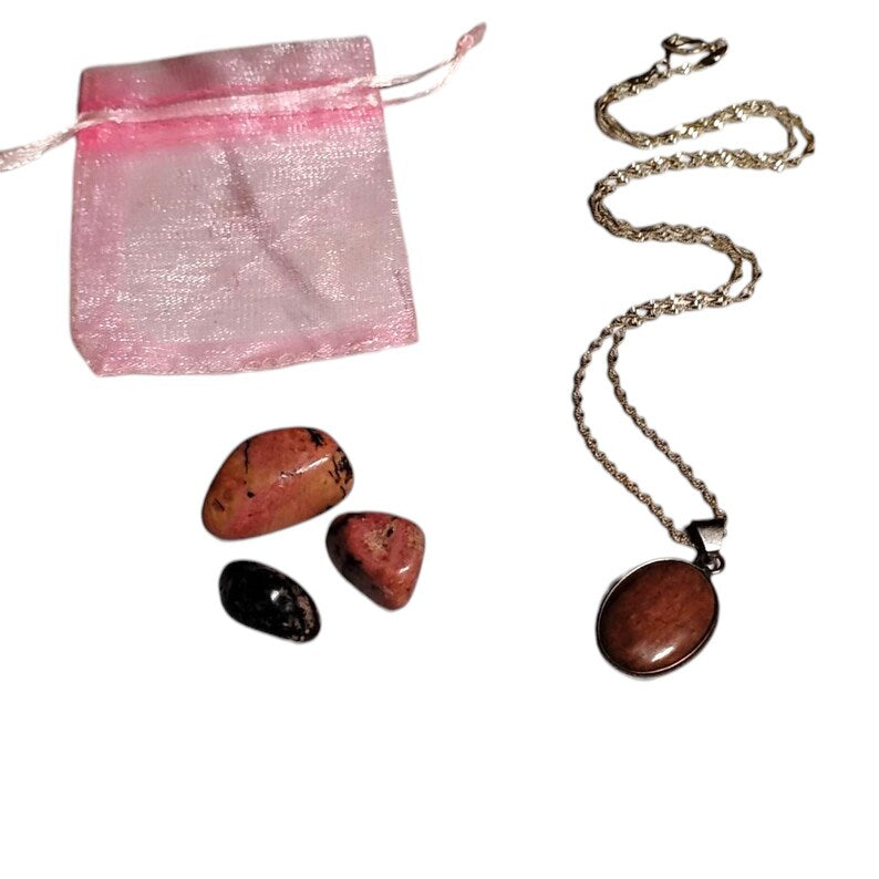 Rhodochrosite Pendant Necklace with Rhodolite Tumbled Stones & Gift Bag Set
