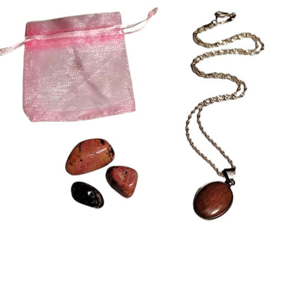 Rhodochrosite Pendant Necklace with Rhodolite Tumbled Stones & Gift Bag Set