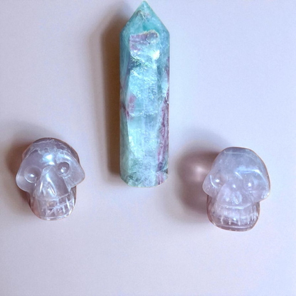 Green Fluorite Tower (4") & Two Purple Fluorite Crystal Skulls (2") – Healing Crystal Set