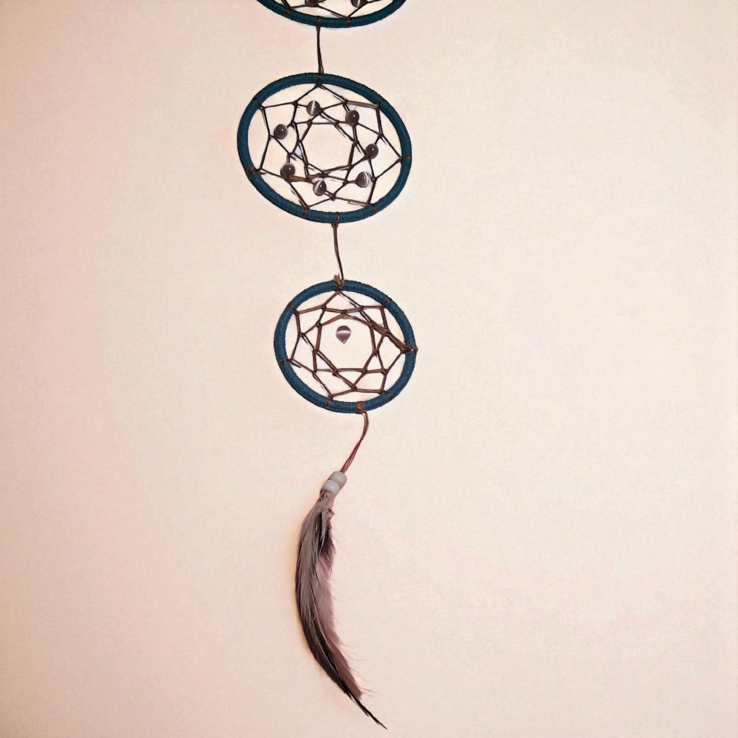 Triple Dream Catcher Wall Hanging – 18x5 Blue/Tan Boho Feather Decor for Peaceful Energy & Protection