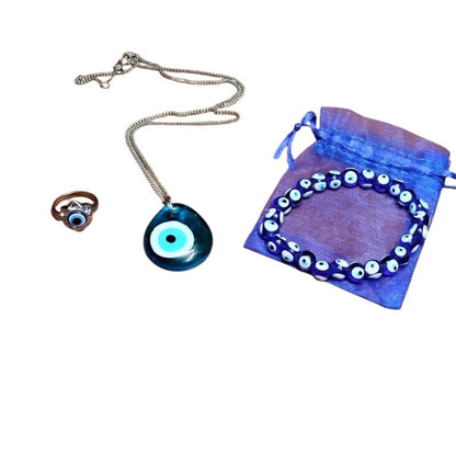 Protective Evil Eye Jewelry Set – Necklace, Ring & Beaded Bracelet with Gift Pouch