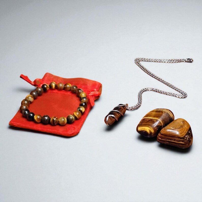 Tiger’s Eye Crystal Healing Set – Pendant Necklace, Beaded Bracelet, Tumbled Stones & Gift Bag