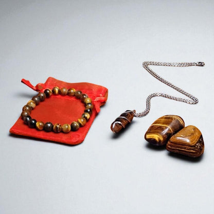 Tiger’s Eye Crystal Healing Set – Pendant Necklace, Beaded Bracelet, Tumbled Stones & Gift Bag