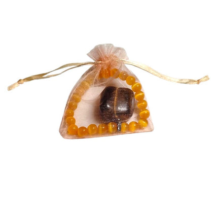 Dark Yellow Cat’s Eye Glass Bead Bracelet with Tiger’s Eye Pendant