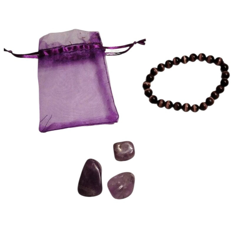 Purple Glass Cat’s Eye Bracelet with 3 Amethyst Tumbled Stones – Intuition, Protection & Spiritual Healing