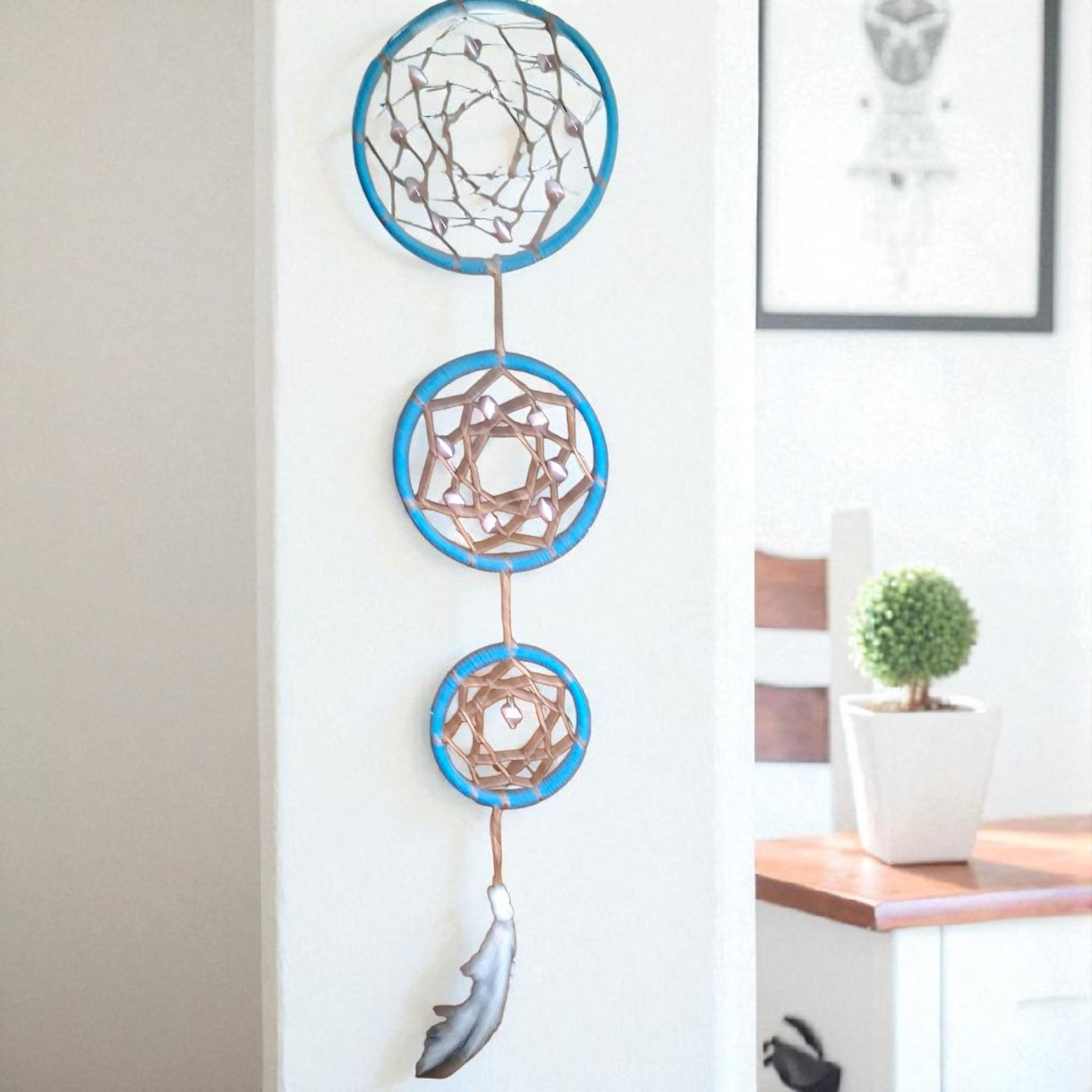 Triple Dream Catcher Wall Hanging – 18x5 Blue/Tan Boho Feather Decor for Peaceful Energy & Protection