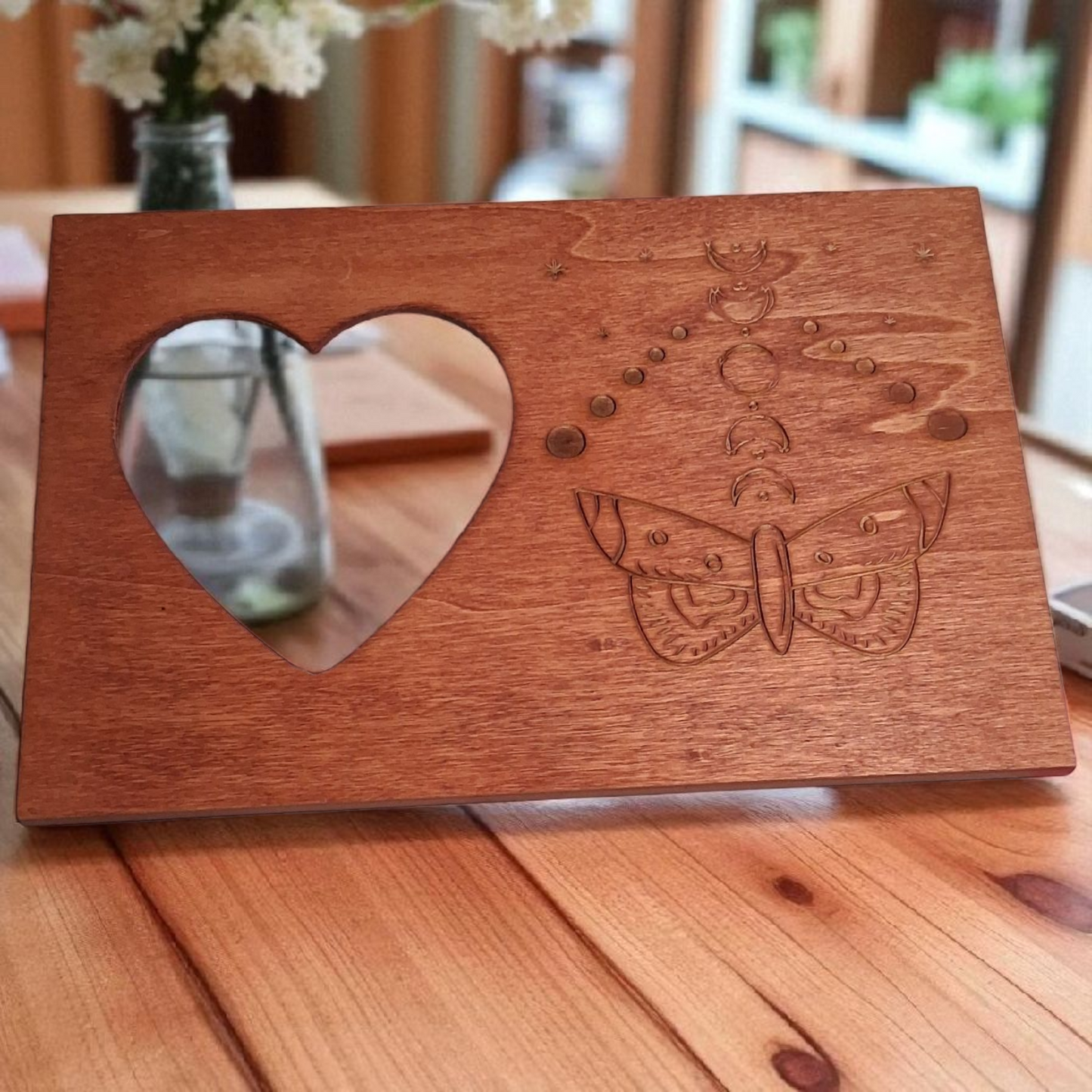 Engraved Wooden Heart Picture Frame – 6x9 Luna Moth & Moon Phase Design – Boho Spiritual Home Decor