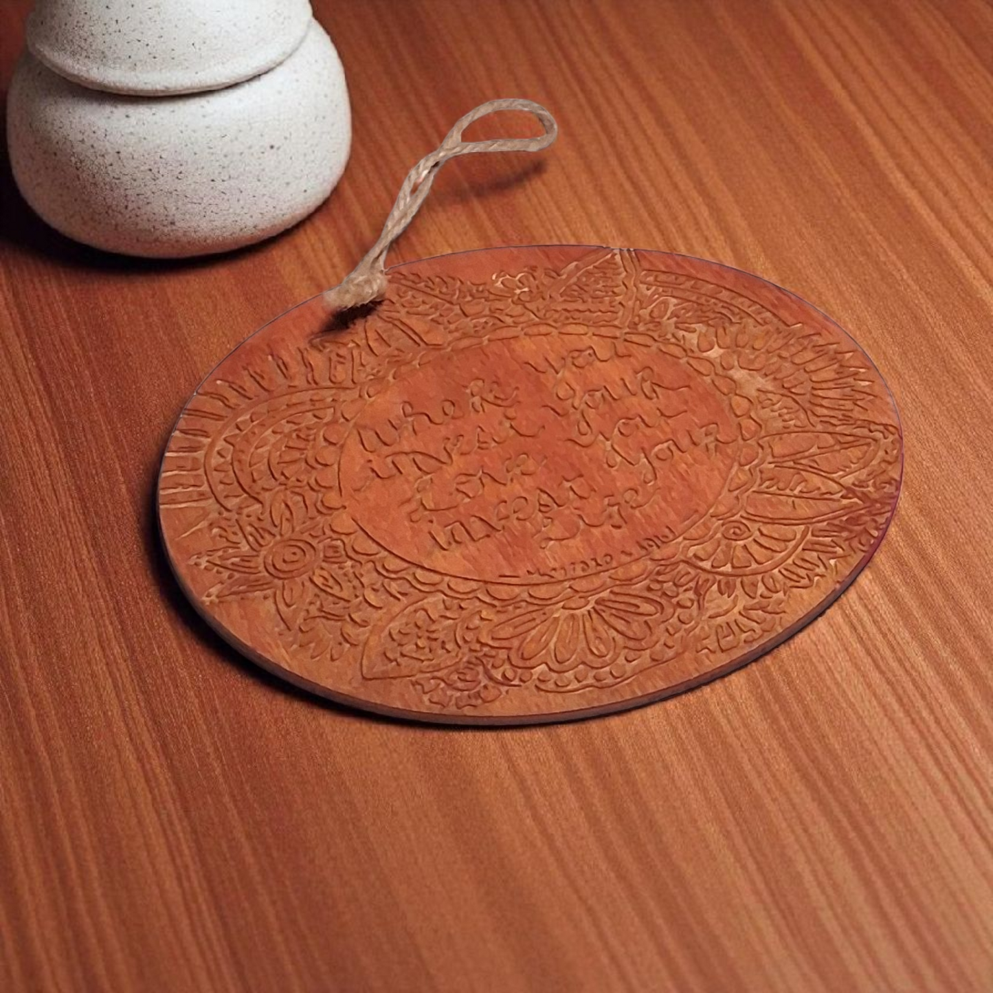 Engraved Wooden Wall Hanging – 6" Mandala Design with Quote “What You Invest Your Love, You Invest Your Life”