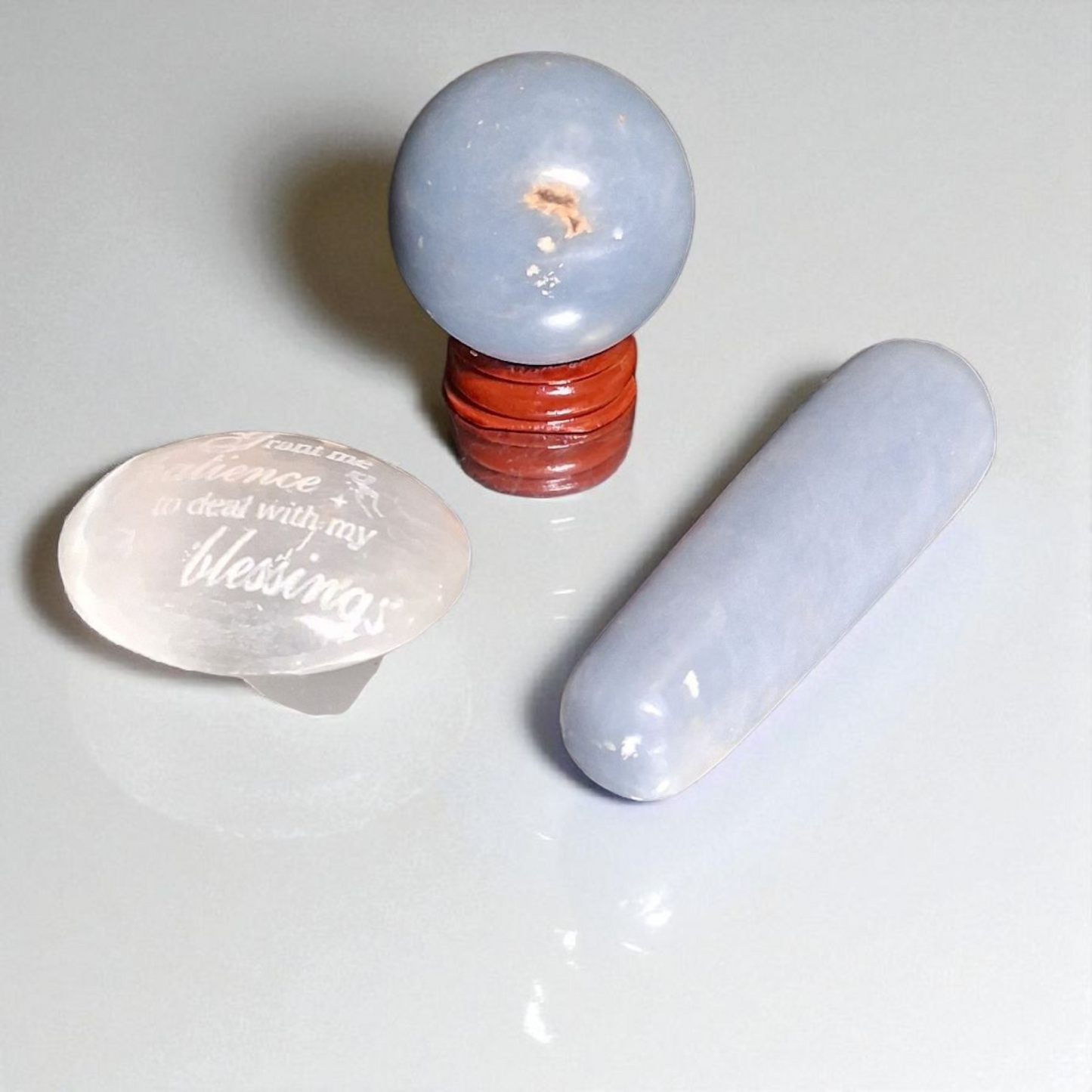 Angelite Sphere (40mm), Angelite Wand (3"), & Selenite Palm Stone (2") – Crystal Healing Set