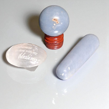 Angelite Sphere (40mm), Angelite Wand (3"), & Selenite Palm Stone (2") – Crystal Healing Set