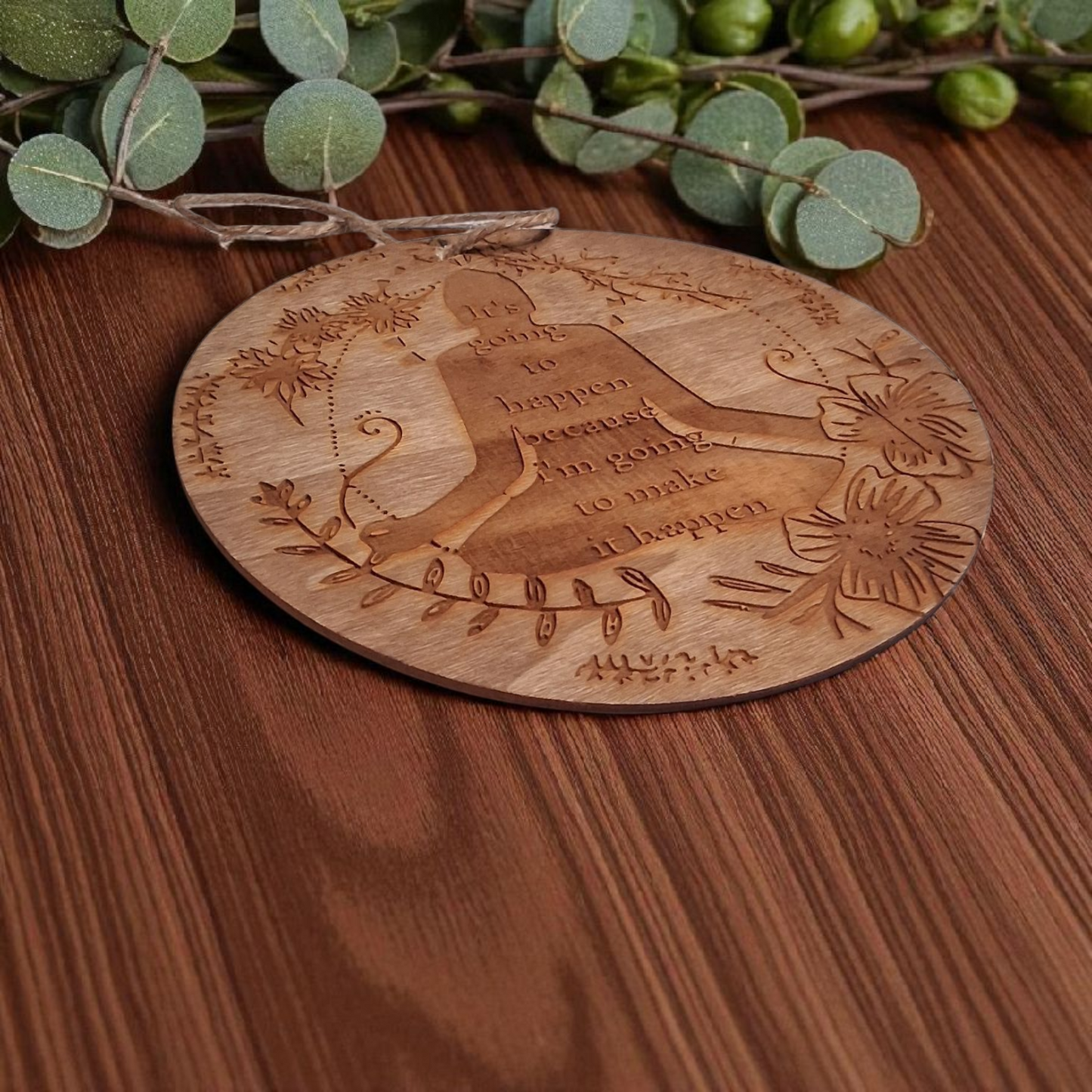 Engraved Wooden Wall Hanging – 6" Meditating Figure with Floral Design