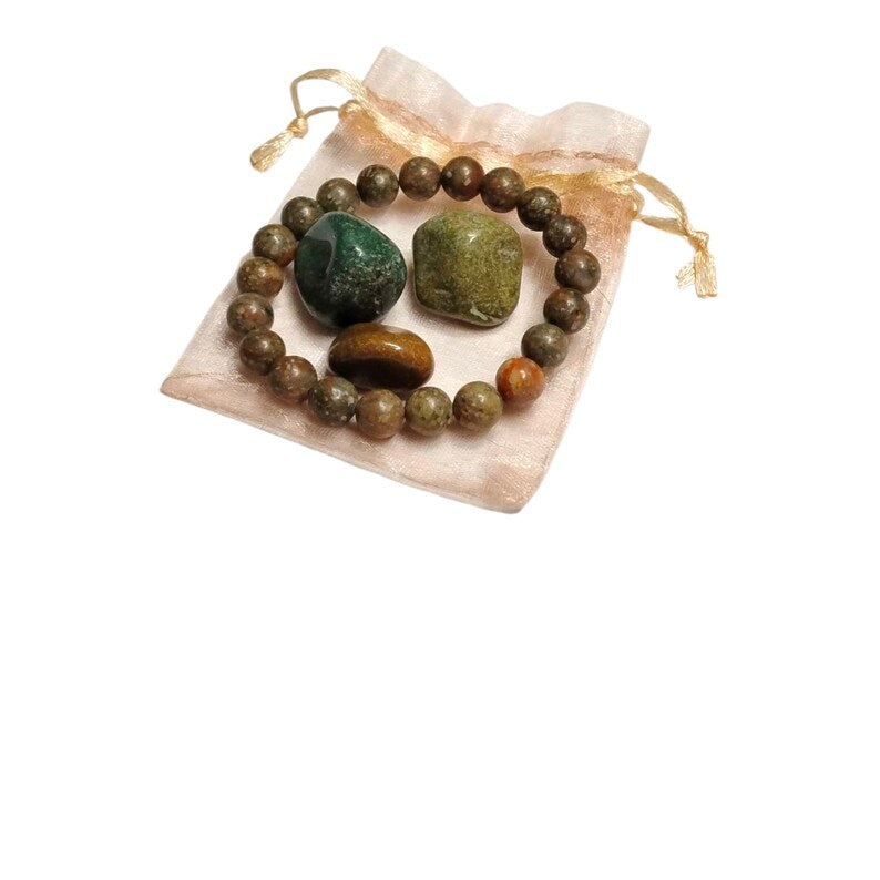 Unakite 8mm Bracelet with 3 Fancy Jasper Tumbled Stones – Balance, Grounding & Emotional Healing Set