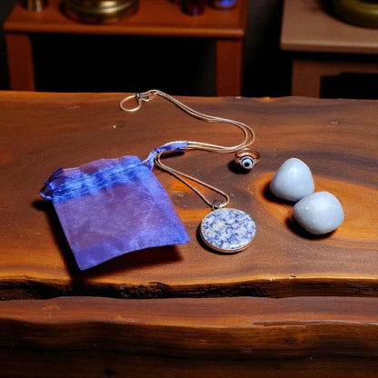 Sodalite Pendant Necklace with Angelite Stones & Evil Eye Protection Ring Set