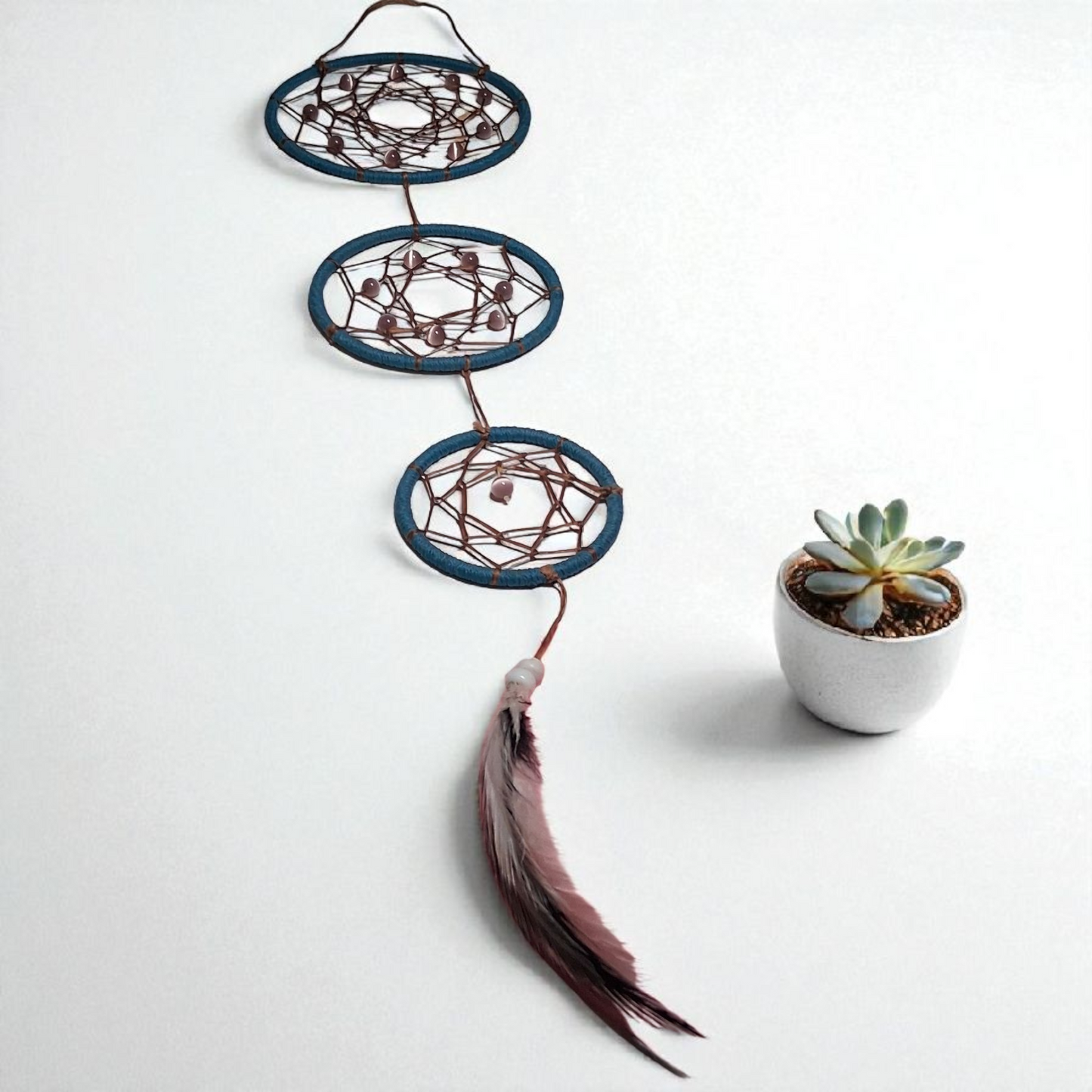 Triple Dream Catcher Wall Hanging – 18x5 Blue/Tan Boho Feather Decor for Peaceful Energy & Protection