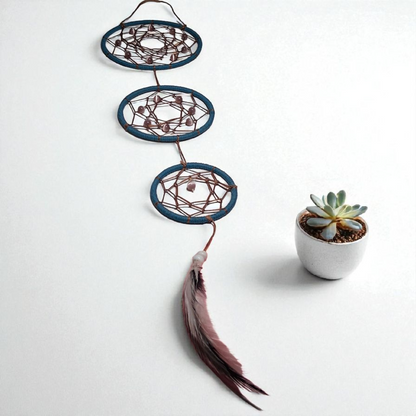 Triple Dream Catcher Wall Hanging – 18x5 Blue/Tan Boho Feather Decor for Peaceful Energy & Protection