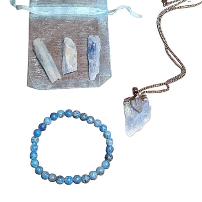 Lapis Lazuli Bracelet with Raw Kyanite Pendant Necklace & 3 Kyanite Crystal Pieces – Healing Crystal Set