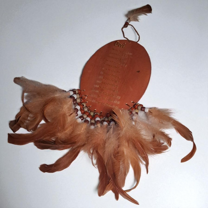 Engraved Wooden Owl Wall Hanging – 12" x 6" Feather and Bead Décor with Spirit Animal Meaning