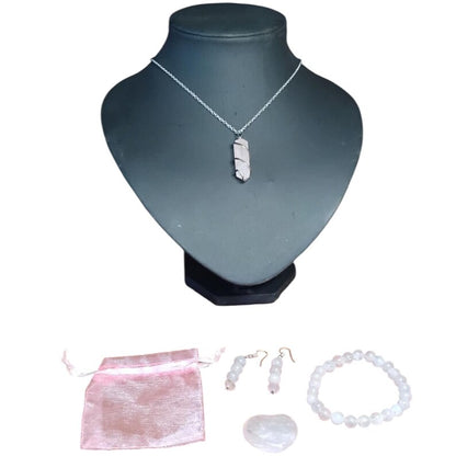 Rose Quartz Crystal Jewelry Set – Necklace, Bracelet, Earrings & Palm Stone with Gift Bag