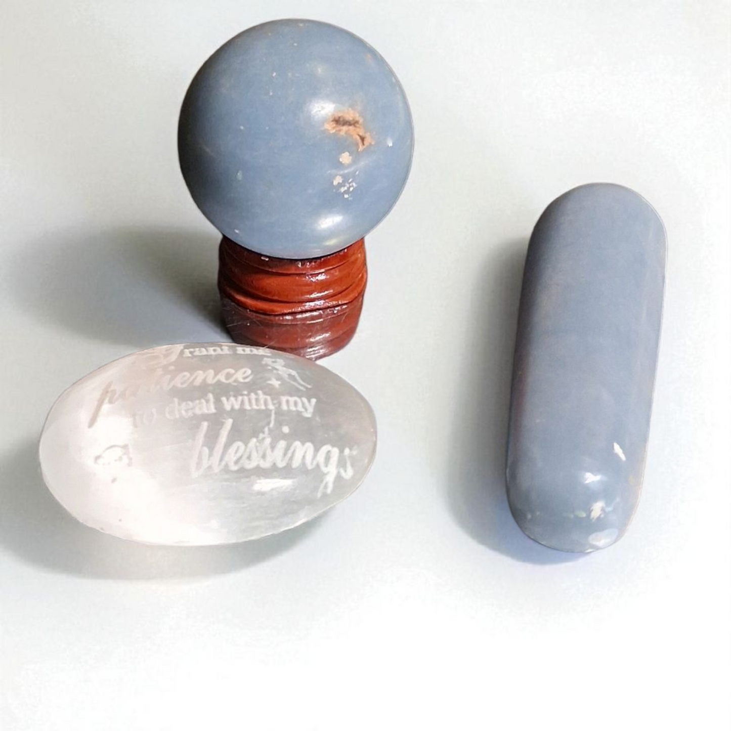 Angelite Sphere (40mm), Angelite Wand (3"), & Selenite Palm Stone (2") – Crystal Healing Set