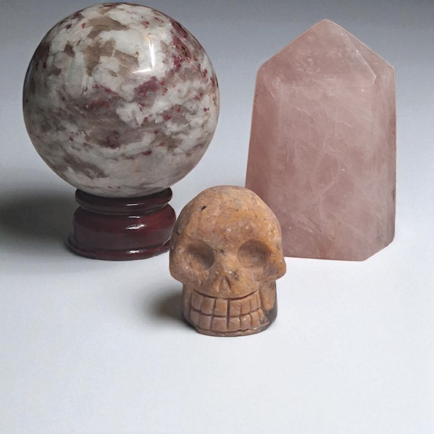 Rubellite Tourmaline Sphere (80mm), Rubellite Tourmaline Skull (2"), & Rose Quartz Tower (3") – Crystal Healing Set