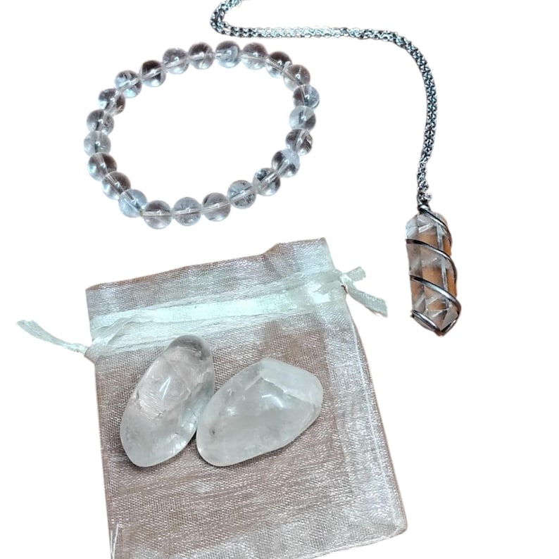 Clear Quartz Crystal Healing Set – Pendant Necklace, Beaded Bracelet, Tumbled Stones & Gift Bag