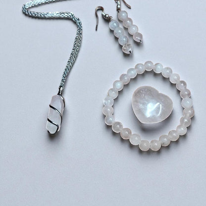 Rose Quartz Crystal Jewelry Set – Necklace, Bracelet, Earrings & Palm Stone with Gift Bag