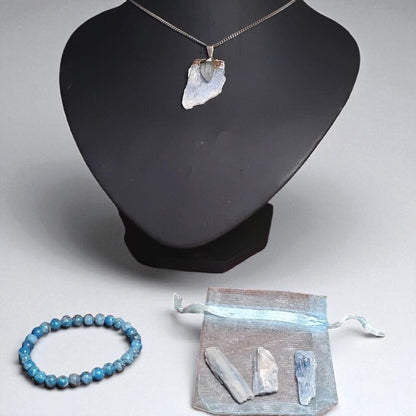 Lapis Lazuli Bracelet with Raw Kyanite Pendant Necklace & 3 Kyanite Crystal Pieces – Healing Crystal Set