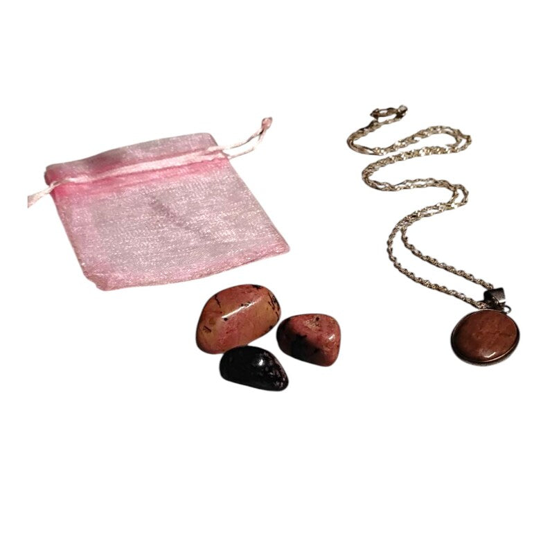 Rhodochrosite Pendant Necklace with Rhodolite Tumbled Stones & Gift Bag Set