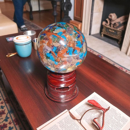 Orgone Multi-Chakra Healing Sphere – 70mm Crystal Ball with Copper Coil & Wooden Stand