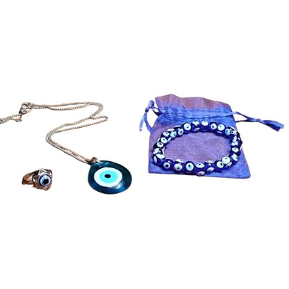 Protective Evil Eye Jewelry Set – Necklace, Ring & Beaded Bracelet with Gift Pouch