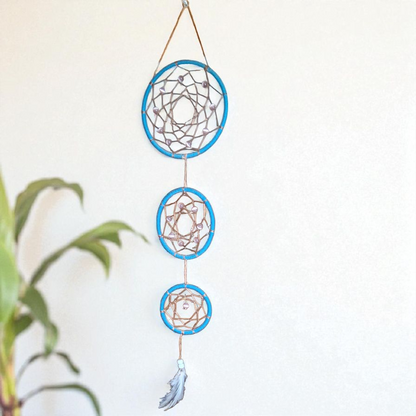 Triple Dream Catcher Wall Hanging – 18x5 Blue/Tan Boho Feather Decor for Peaceful Energy & Protection