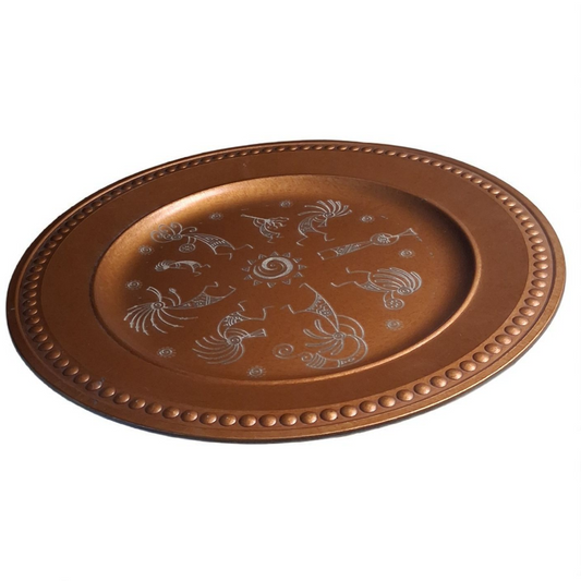 Engraved Copper-Tone Plate – 12" Round Decorative Tray with Tribal Sun & Dancer Design