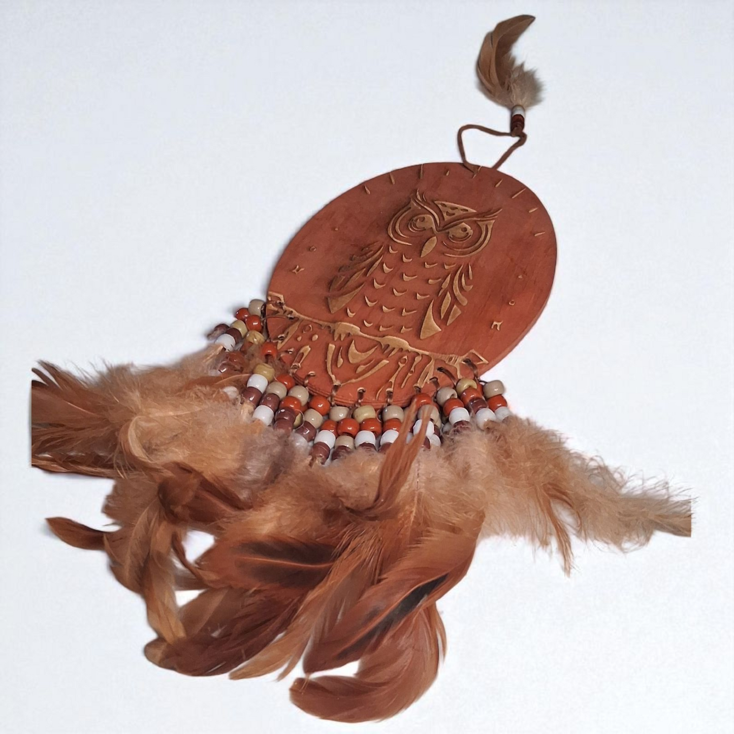Engraved Wooden Owl Wall Hanging – 12" x 6" Feather and Bead Décor with Spirit Animal Meaning