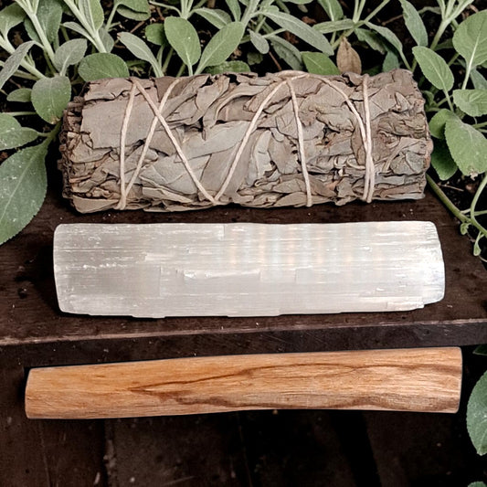 Sacred Energy Cleansing Set | White Sage, Palo Santo & Selenite Crystal Smudging Kit