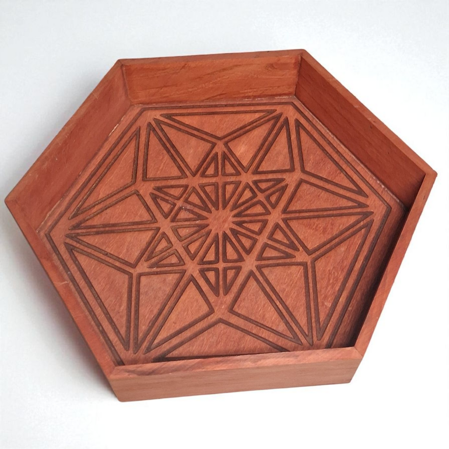 Engraved Wooden Hexagon Tray – 10" x 2" Handcrafted Decorative Storage Box