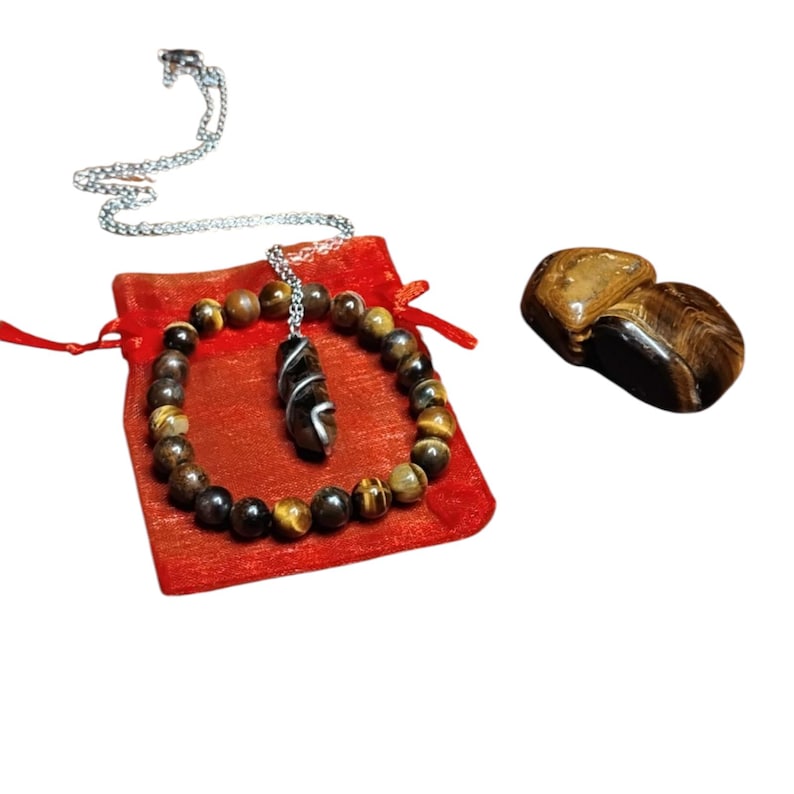 Tiger’s Eye Crystal Healing Set – Pendant Necklace, Beaded Bracelet, Tumbled Stones & Gift Bag