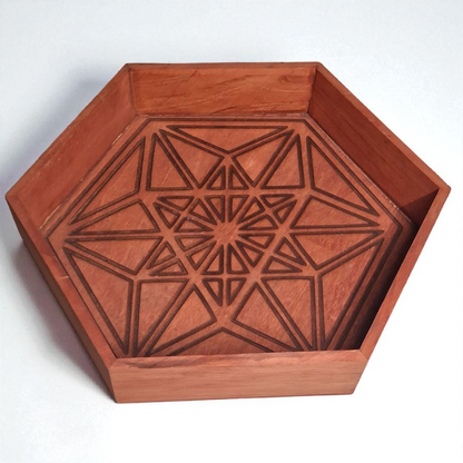 Engraved Wooden Hexagon Tray – 10" x 2" Handcrafted Decorative Storage Box