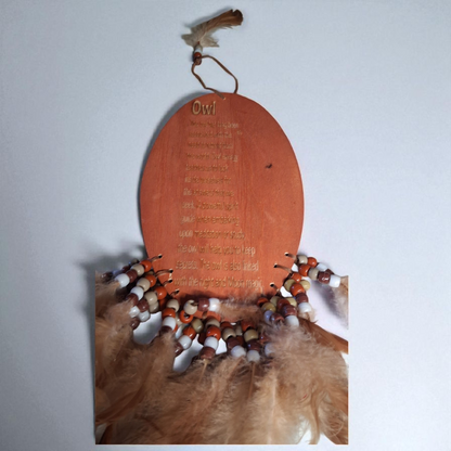 Engraved Wooden Owl Wall Hanging – 12" x 6" Feather and Bead Décor with Spirit Animal Meaning
