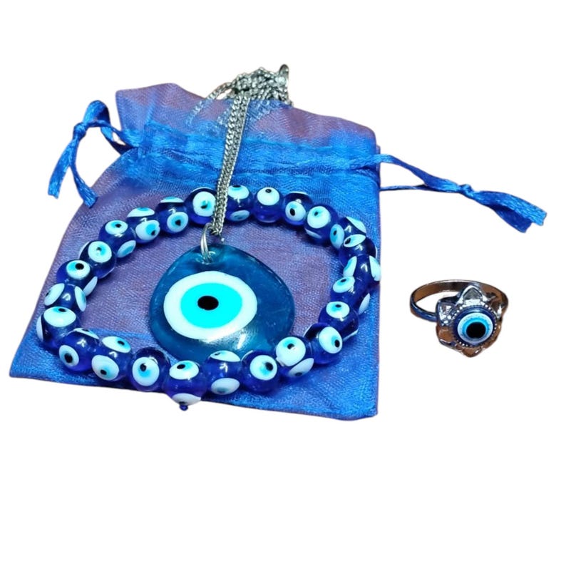 Protective Evil Eye Jewelry Set – Necklace, Ring & Beaded Bracelet with Gift Pouch
